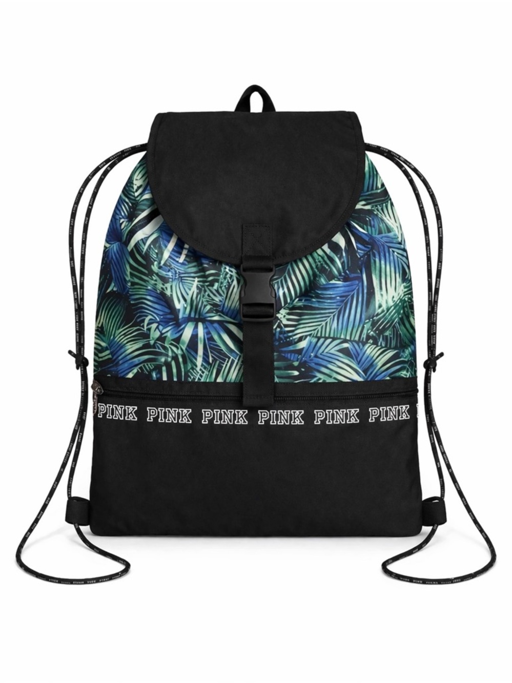 PINK Victoria's Secret Black & Green Leaf Print BackpackGood Condition Casual